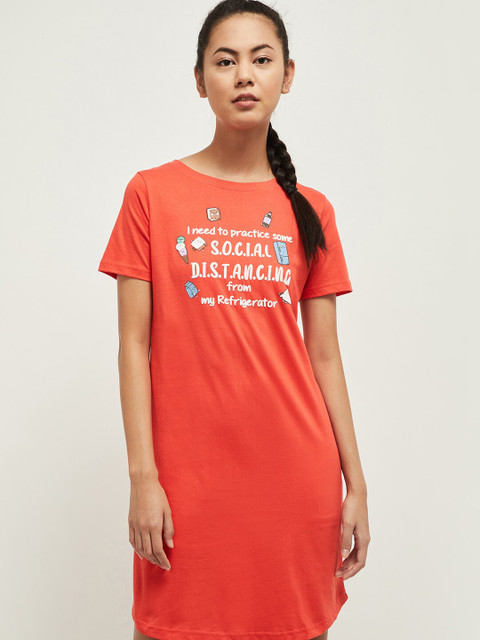 

max Red Typography Printed Pure Cotton T-shirt Nightdress