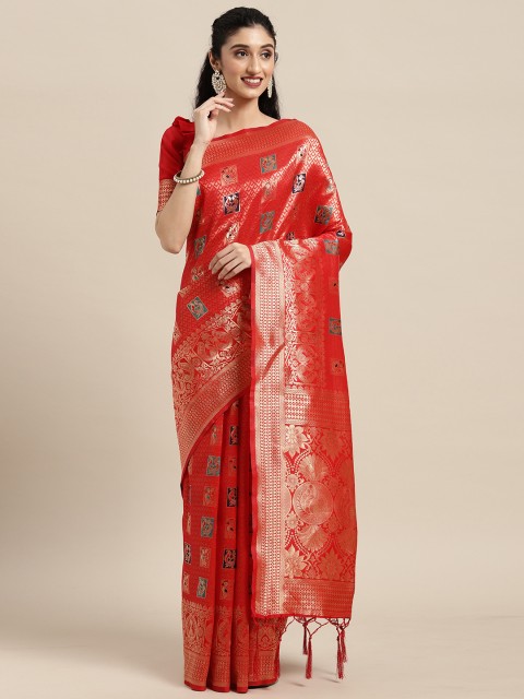 

Touch Trends Red & Gold-Toned Ethnic Motifs Zari Art Silk Banarasi Saree