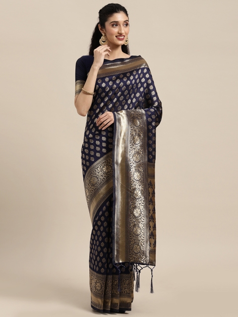 

Touch Trends Navy Blue & Gold-Toned Ethnic Motifs Zari Art Silk Banarasi Saree