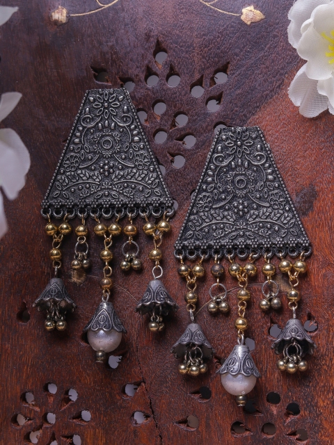 

DIVA WALK Silver-Toned & Gold-Toned Contemporary Jhumkas Earrings