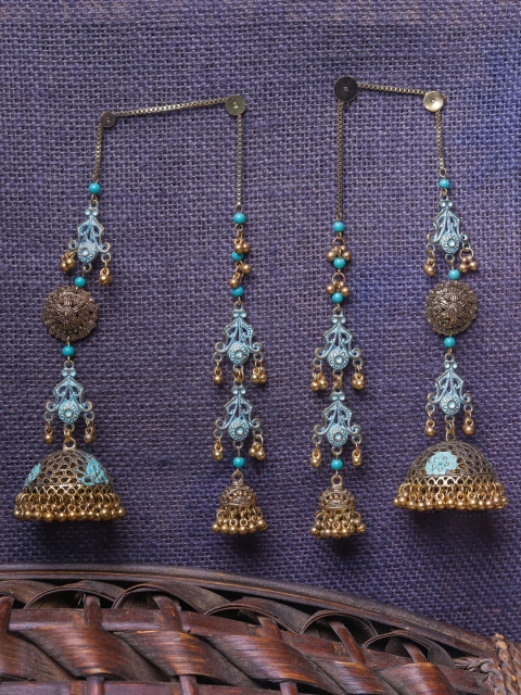 

DIVA WALK Gold-Toned & Blue Contemporary Jhumkas Earrings
