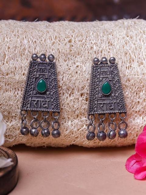 

DIVA WALK Silver-Toned & Green Contemporary Drop Earrings