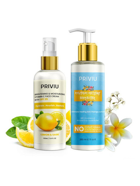 

PRIVIU Skin Care Combo Set - Maximum Moisture Body Butter & Vitamin C Face Cream SPF25, White