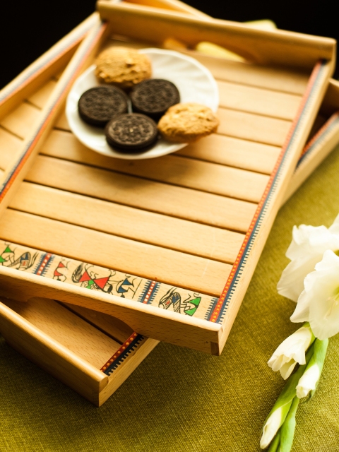 

ExclusiveLane Set of 2 Brown Warli Hand-Painted Rectangular Trays