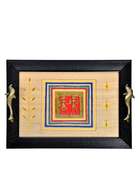 

ExclusiveLane Brown Silk Hand-Painted & Dhokra Rectangular Tray