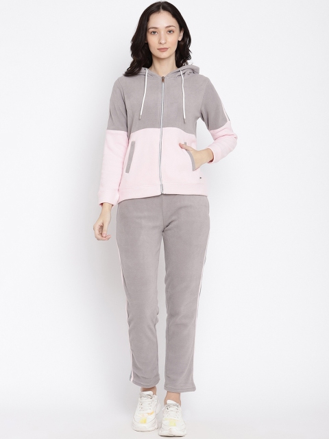 

METTLE Women Grey & Pink Colourblocked Cotton Tracksuit