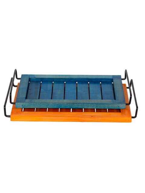 

ExclusiveLane Set of 2 Blue & Orange Beech Wood Rectangular Trays