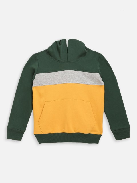 

YK Boys Green Colourblocked Hooded Sweatshirt