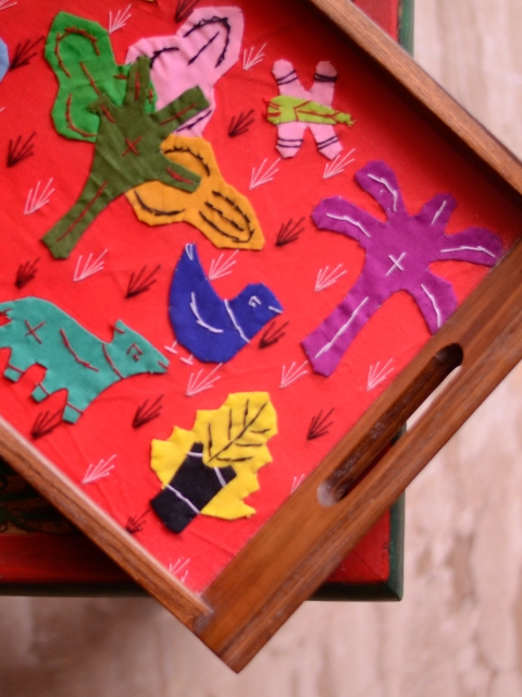 

ExclusiveLane Single Multicoloured Applique Rectangular Wooden Tray, Multi
