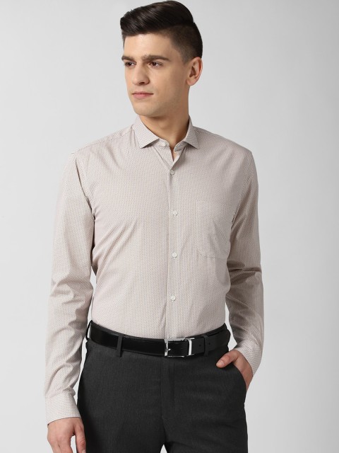 

Peter England Men Beige & Blue Opaque Printed Pure Cotton Formal Shirt