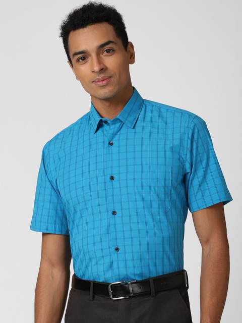 

Peter England Men Blue Grid Tattersall Checks Opaque Checked Formal Shirt