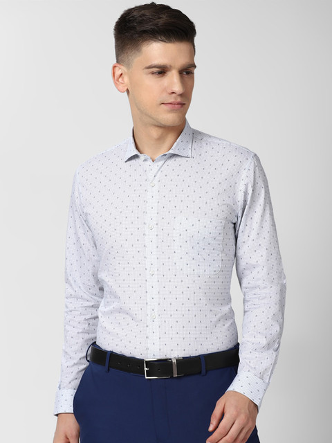 

Peter England Men Blue Slim Fit Opaque Printed Pure Cotton Formal Shirt