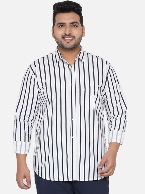 

John Pride Men White & Navy Blue Striped Plus Size Casual Shirt