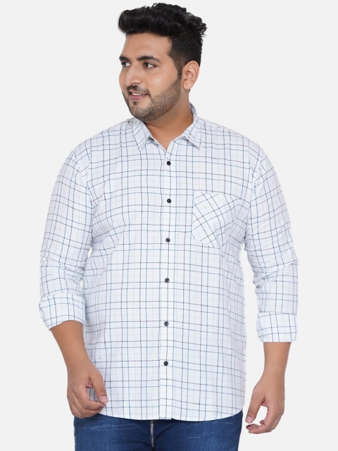 

John Pride Men White & Blue Tartan Checked Plus Size Casual Shirt