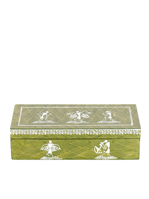 

ExclusiveLane Green Warli Hand-Painted Recycled Wood Storage Box