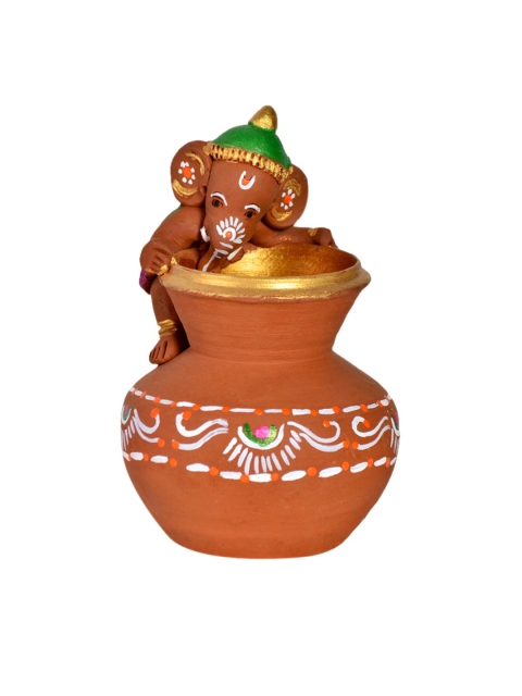 

ExclusiveLane Brown Hand-Painted Terracotta Matki Showpiece with Ganesha Idol