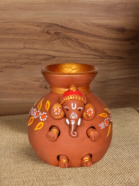 

ExclusiveLane Brown Hand-Painted Terracotta Matki Showpiece with Ganesha Idol