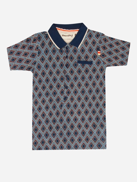 

SMUGGLERZ INC Boys Navy Blue Geometric Printed Polo Collar T-shirt