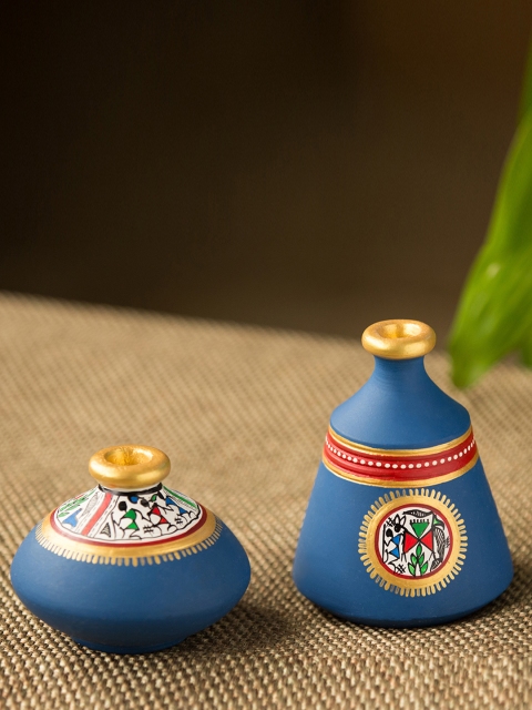 

ExclusiveLane Set of 2 Blue Warli Handpainted Terracotta Pot Showpieces
