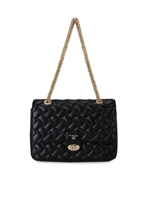 

Da Milano Black Textured Leather Structured Sling Bag with Quilted