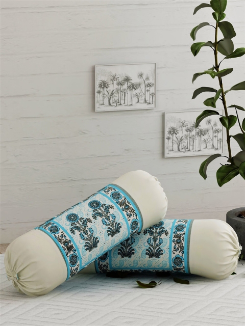 

Salona Bichona Set Of 2 Cream & Blue Printed Pure Cotton Bolster Cover