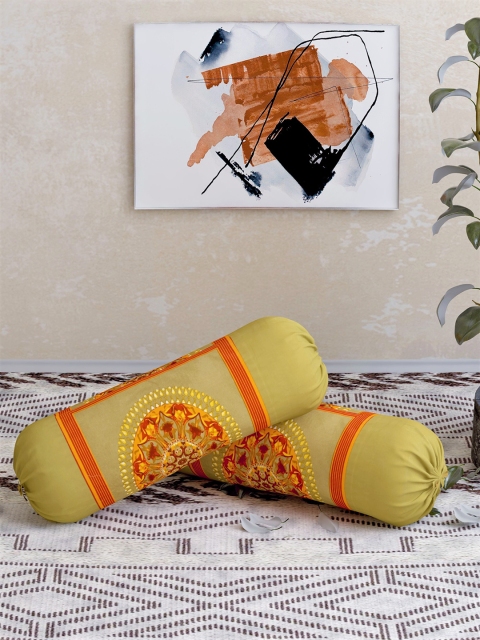 

Salona Bichona Set Of 2 Brown & Yellow Printed 120 TC Pure Cotton Bolster Covers