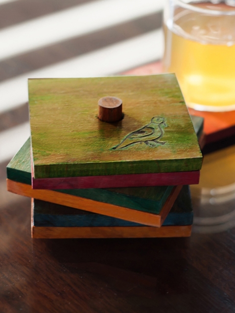 

ExclusiveLane Set of 6 Hand-Painted Square Wooden Coasters, Multi