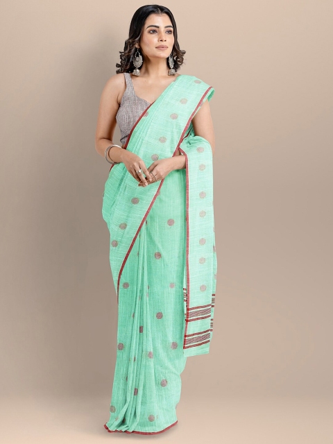 

BharatSthali Sea Green & Maroon Woven Design Pure Cotton Taant Saree