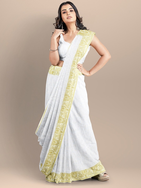 

BharatSthali White & Gold-Toned Woven Design Pure Cotton Jamdani Saree
