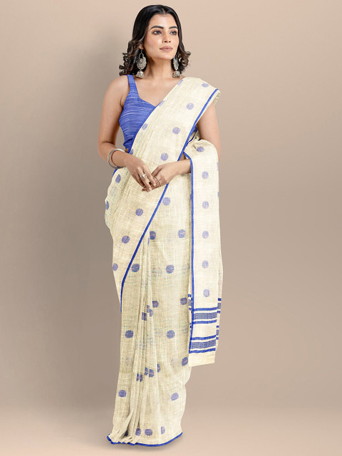 

BharatSthali Cream-Coloured & Blue Woven Design Pure Cotton Taant Saree