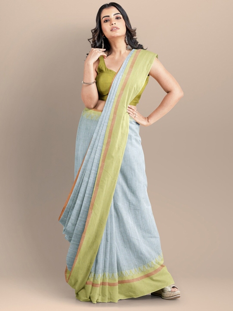 

BharatSthali Grey & Green Solid Pure Cotton Maheshwari Saree