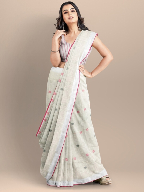 

BharatSthali Cream-Coloured & Red Woven Design Pure Cotton Narayan Peth Saree