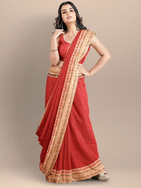 

BharatSthali Red & Gold-Toned Zari Silk Cotton Maheshwari Saree