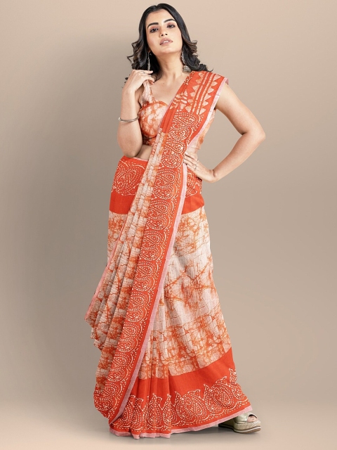 

BharatSthali Off White & Orange Batik Silk Cotton Venkatgiri Saree