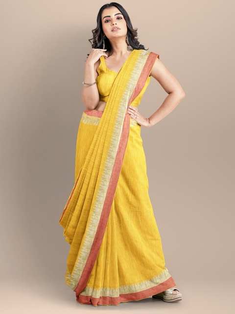 

BharatSthali Yellow & Rose Woven Design Silk Cotton Maheshwari Saree