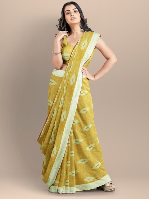 

BharatSthali Lime Green & Silver-Toned Woven Design Pure Cotton Ikat Saree