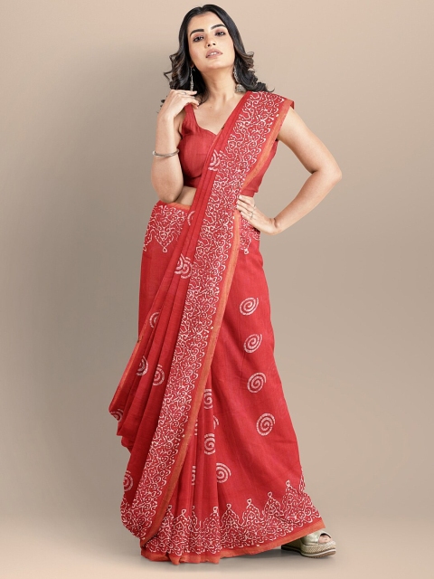 

BharatSthali Red & White Batik Silk Cotton Venkatgiri Saree