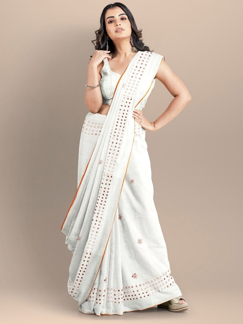 

BharatSthali White & Brown Woven Design Mirror Work Pure Linen Narayan Peth Saree