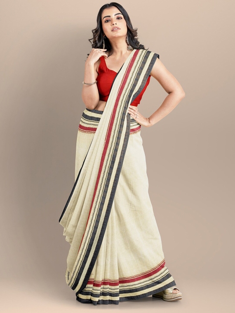 

BharatSthali Cream-Coloured & Red Pure Cotton Maheshwari Saree