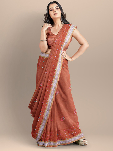 

BharatSthali Rust & Grey Embellished Mirror Work Pure Linen Narayan Peth Saree