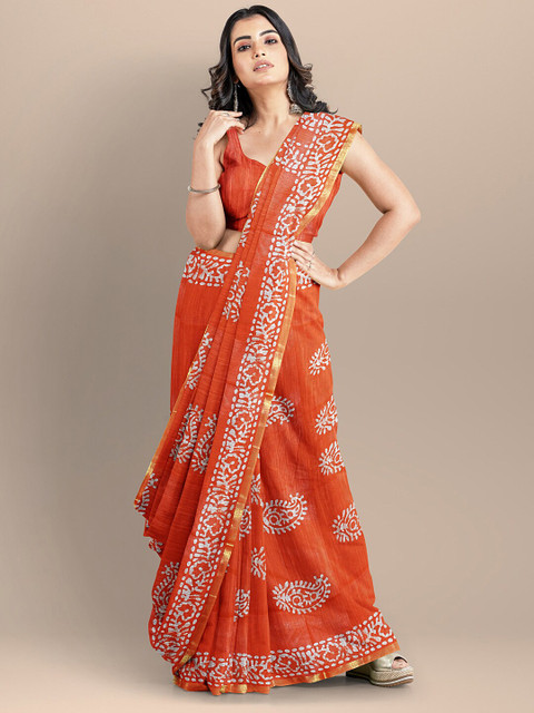 

BharatSthali Orange Batik Silk Cotton Venkatgiri Saree