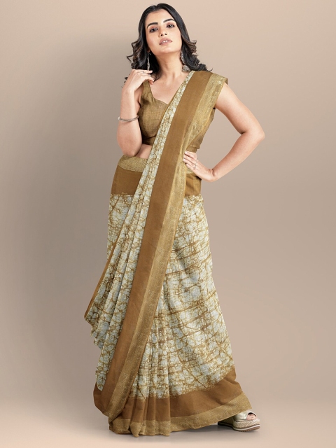 

BharatSthali Brown & White Batik Pure Linen Narayan Peth Saree