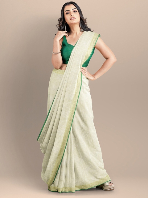 

BharatSthali Cream-Coloured & Green Woven Design Pure Cotton Mangalagiri Saree