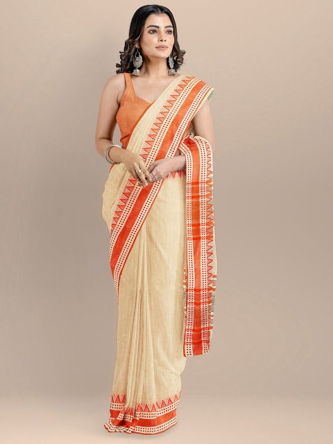 

BharatSthali Orange & Cream Woven Design Maheshwari Saree