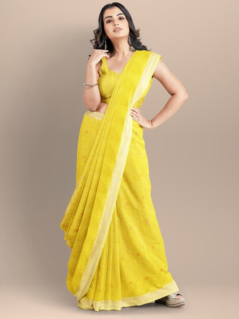 

BharatSthali Yellow & Beige Woven Design Pure Cotton Taant Saree