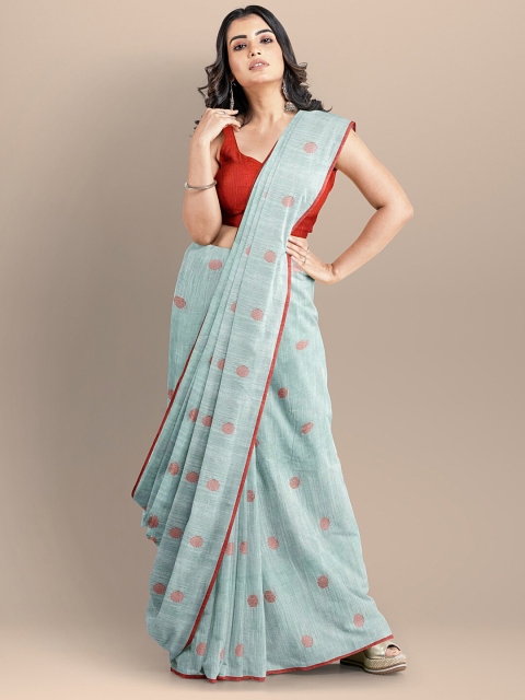 

BharatSthali Grey & Red Woven Design Pure Cotton Taant Saree