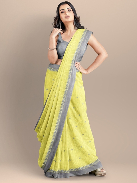 

BharatSthali Yellow & Grey Zari Pure Cotton Taant Saree