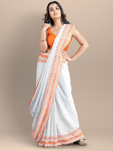 

BharatSthali White & Orange Pure Cotton Maheshwari Saree