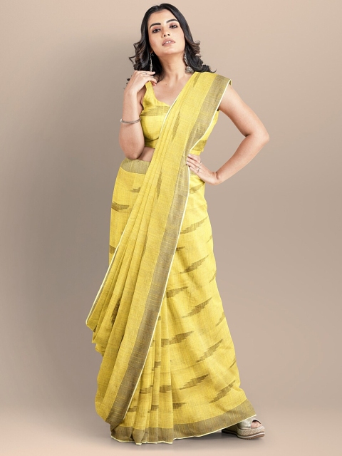 

BharatSthali Yellow & Grey Pure Cotton Ikat Saree