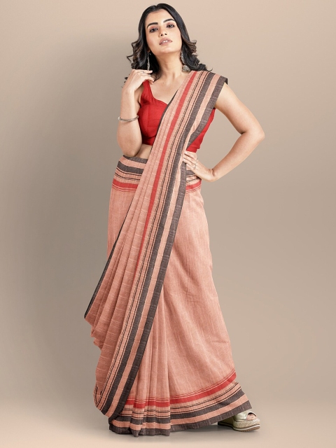 

BharatSthali Peach-Coloured & Black Pure Cotton Maheshwari Saree